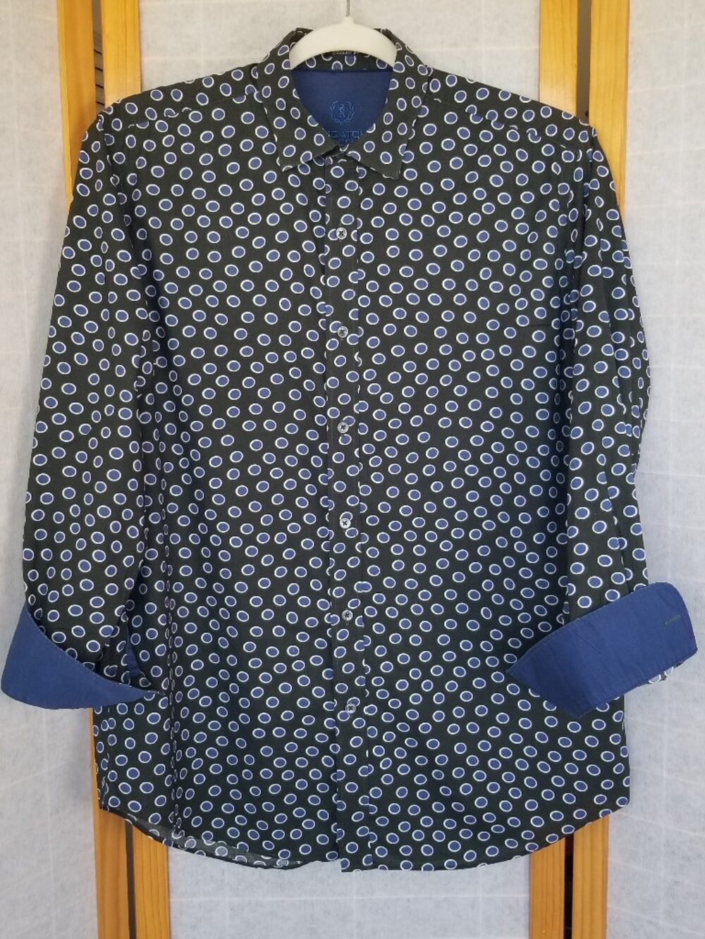 Men's Bugatchi Long Sleeve Button Down Shirt Dark Green Blue Circles Size XL